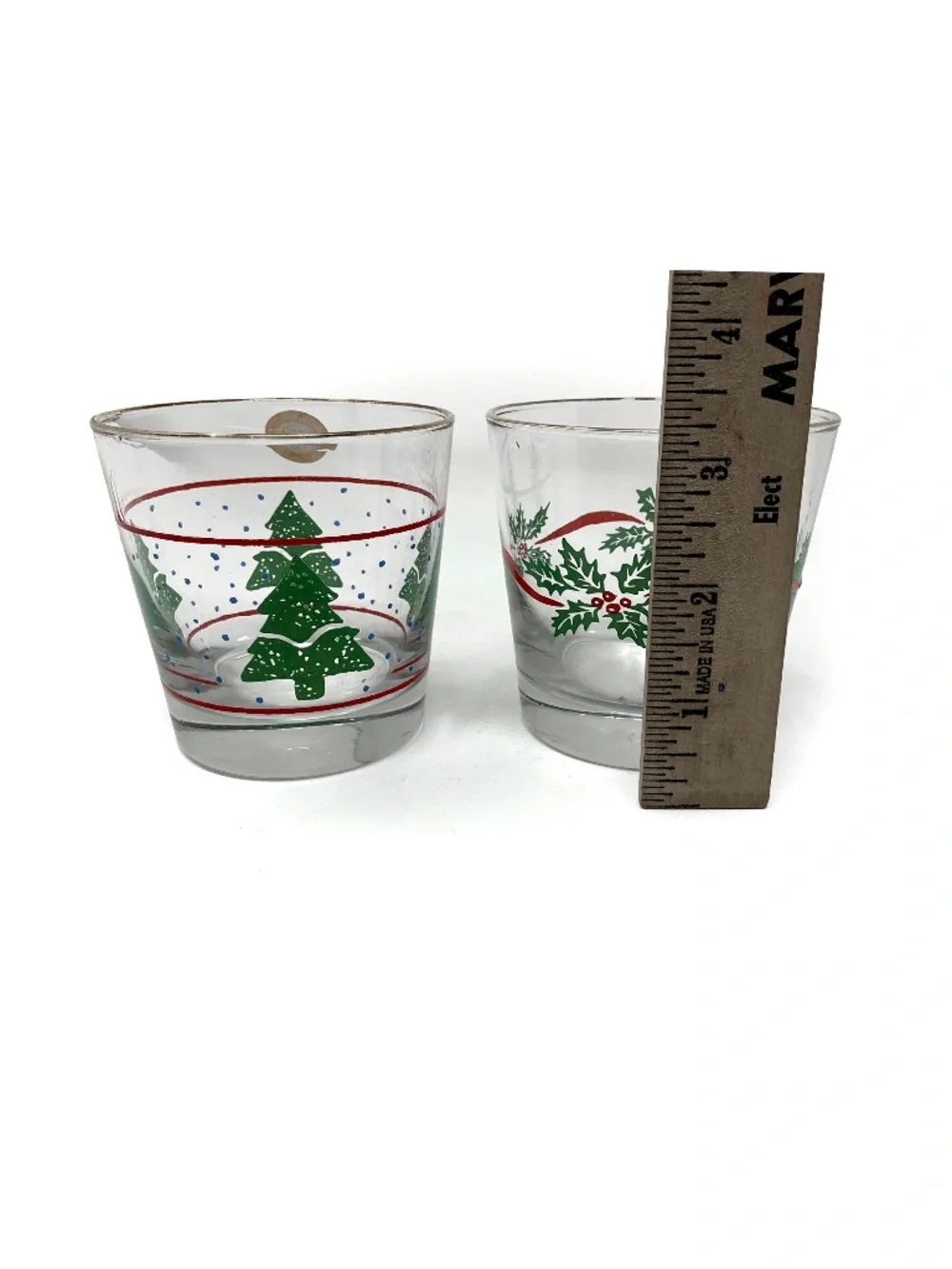 vintage holiday double old-fashioned or rocks glasses featuring festive green